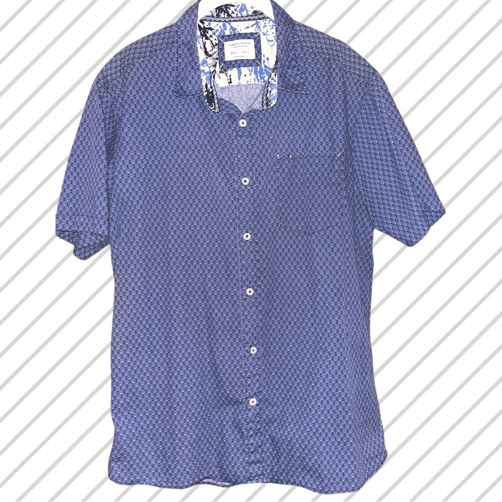 Sunrise Kingdom Navy Button-Up Shirt w/ Dots & Floral Print Inside Collar & Cuff